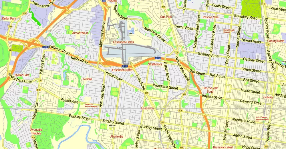 Printable Map Melbourne, Australia, exact vector street map, V27.11, fully editable, Adobe Illustrator, G-View Level 13 (2000 meters scale), full vector, scalable, editable, text format of street names, 7 Mb ZIP.