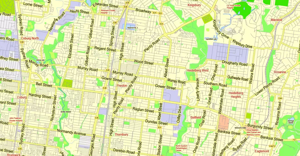 Printable Map Melbourne, Australia, exact vector street map, V27.11, fully editable, Adobe Illustrator, G-View Level 13 (2000 meters scale), full vector, scalable, editable, text format of street names, 7 Mb ZIP.