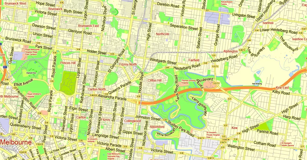 Printable Map Melbourne, Australia, exact vector street map, V27.11, fully editable, Adobe Illustrator, G-View Level 13 (2000 meters scale), full vector, scalable, editable, text format of street names, 7 Mb ZIP.