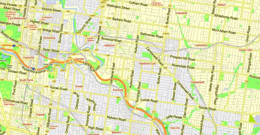 Printable Map Melbourne, Australia, exact vector street map, V27.11, fully editable, Adobe Illustrator, G-View Level 13 (2000 meters scale), full vector, scalable, editable, text format of street names, 7 Mb ZIP.