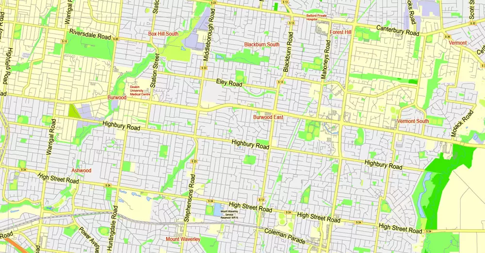 Printable Map Melbourne, Australia, exact vector street map, V27.11, fully editable, Adobe Illustrator, G-View Level 13 (2000 meters scale), full vector, scalable, editable, text format of street names, 7 Mb ZIP.