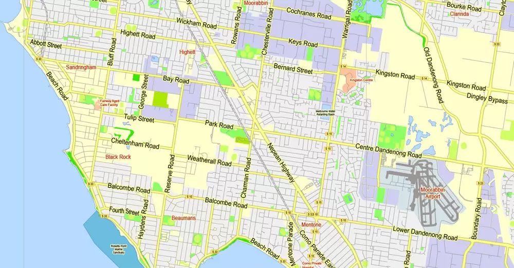 Printable Map Melbourne, Australia, exact vector street map, V27.11, fully editable, Adobe Illustrator, G-View Level 13 (2000 meters scale), full vector, scalable, editable, text format of street names, 7 Mb ZIP.
