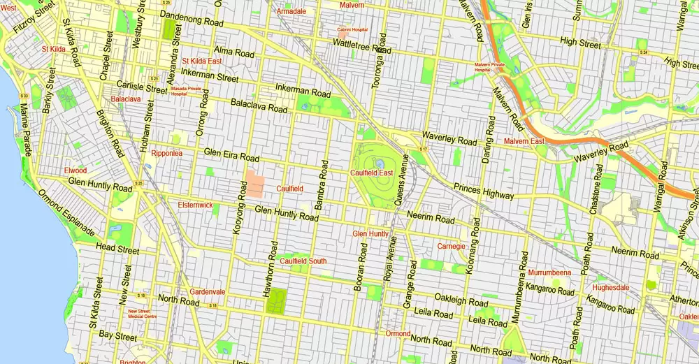 Printable Map Melbourne, Australia, exact vector street map, V27.11, fully editable, Adobe Illustrator, G-View Level 13 (2000 meters scale), full vector, scalable, editable, text format of street names, 7 Mb ZIP.