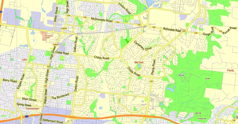 Printable Map Melbourne, Australia, exact vector street map, V27.11, fully editable, Adobe Illustrator, G-View Level 13 (2000 meters scale), full vector, scalable, editable, text format of street names, 7 Mb ZIP.