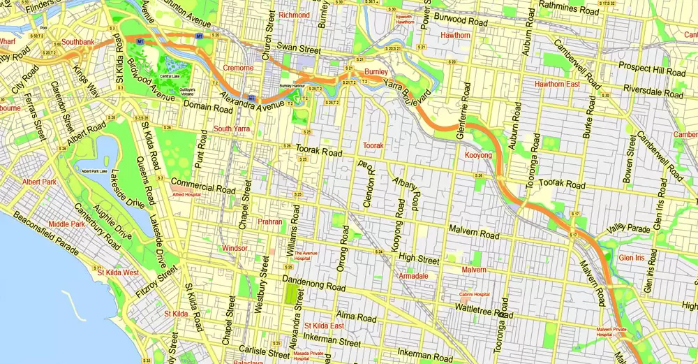 Printable Map Melbourne, Australia, exact vector street map, V27.11, fully editable, Adobe Illustrator, G-View Level 13 (2000 meters scale), full vector, scalable, editable, text format of street names, 7 Mb ZIP.