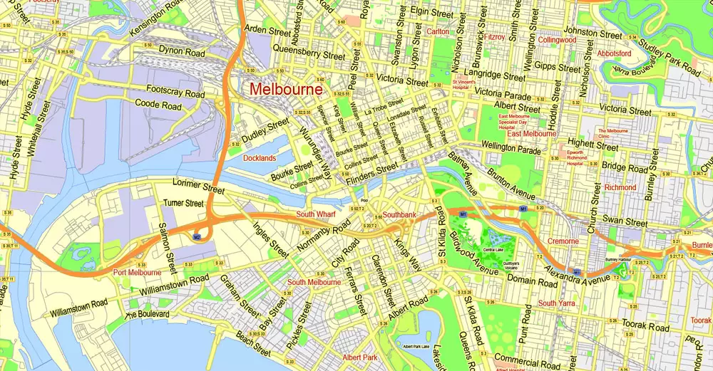 Printable Map Melbourne, Australia, exact vector street map, V27.11, fully editable, Adobe Illustrator, G-View Level 13 (2000 meters scale), full vector, scalable, editable, text format of street names, 7 Mb ZIP.