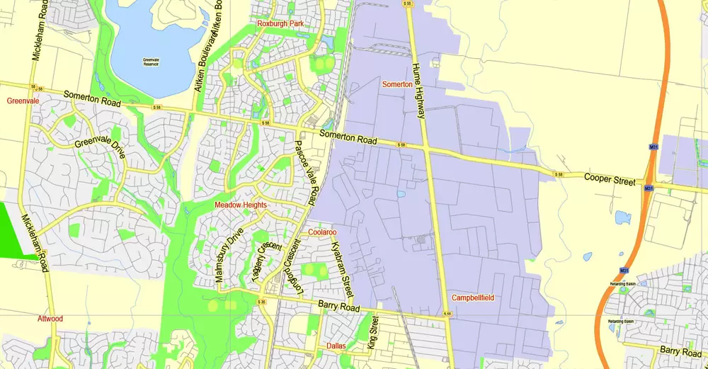 Printable Map Melbourne, Australia, exact vector street map, V27.11, fully editable, Adobe Illustrator, G-View Level 13 (2000 meters scale), full vector, scalable, editable, text format of street names, 7 Mb ZIP.