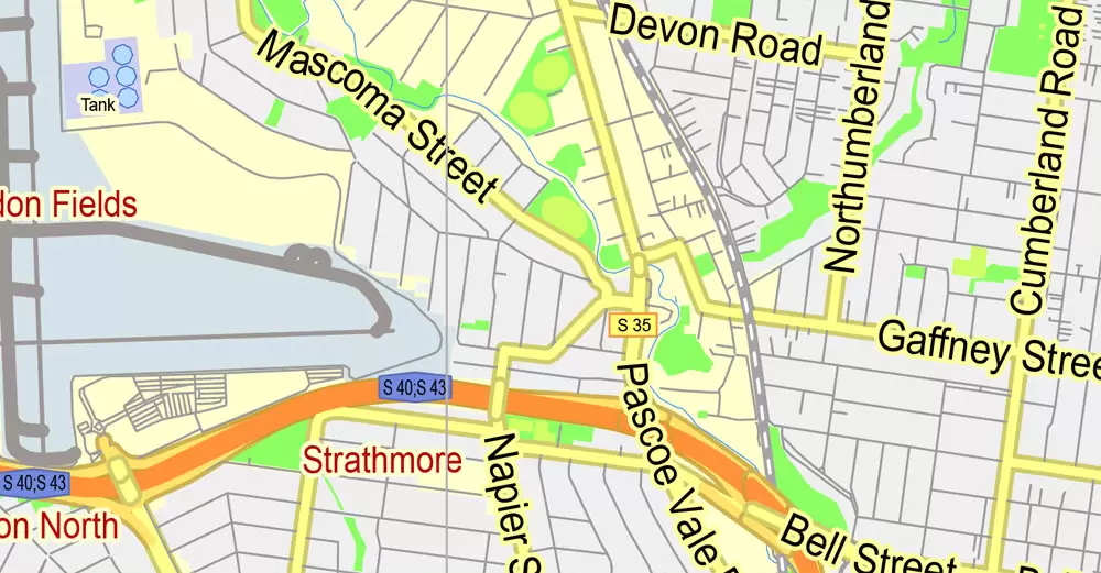Printable Map Melbourne, Australia, exact vector street map, V27.11, fully editable, Adobe Illustrator, G-View Level 13 (2000 meters scale), full vector, scalable, editable, text format of street names, 7 Mb ZIP.