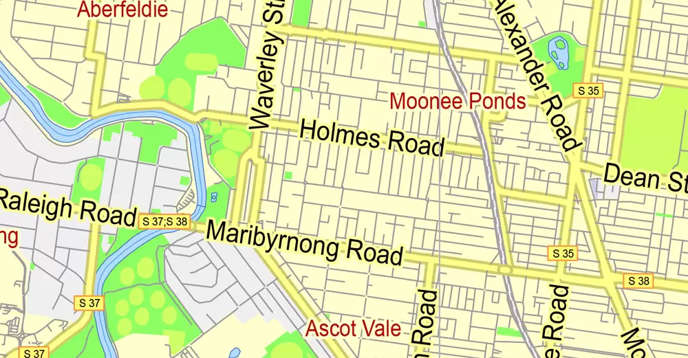 Printable Map Melbourne, Australia, exact vector street map, V27.11, fully editable, Adobe Illustrator, G-View Level 13 (2000 meters scale), full vector, scalable, editable, text format of street names, 7 Mb ZIP.