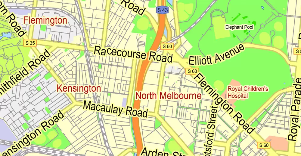 Printable Map Melbourne, Australia, exact vector street map, V27.11, fully editable, Adobe Illustrator, G-View Level 13 (2000 meters scale), full vector, scalable, editable, text format of street names, 7 Mb ZIP.
