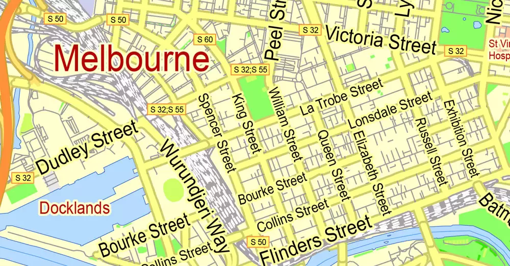 Printable Map Melbourne, Australia, exact vector street map, V27.11, fully editable, Adobe Illustrator, G-View Level 13 (2000 meters scale), full vector, scalable, editable, text format of street names, 7 Mb ZIP.
