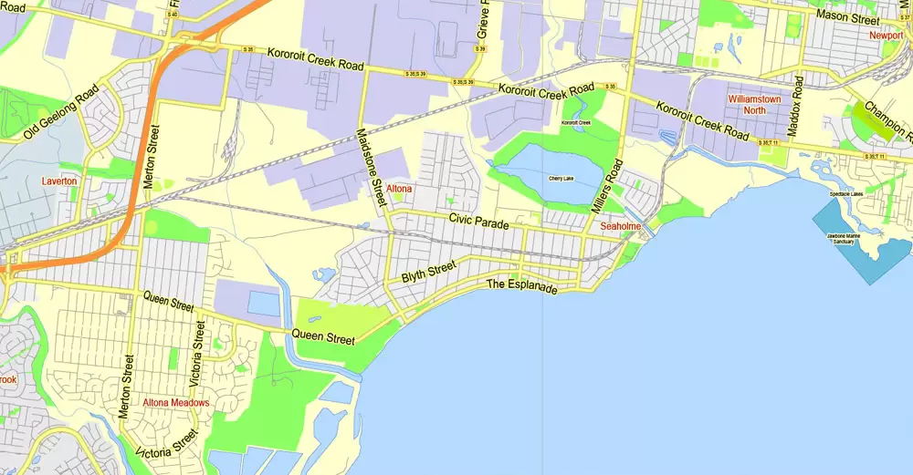 Printable Map Melbourne, Australia, exact vector street map, V27.11, fully editable, Adobe Illustrator, G-View Level 13 (2000 meters scale), full vector, scalable, editable, text format of street names, 7 Mb ZIP.