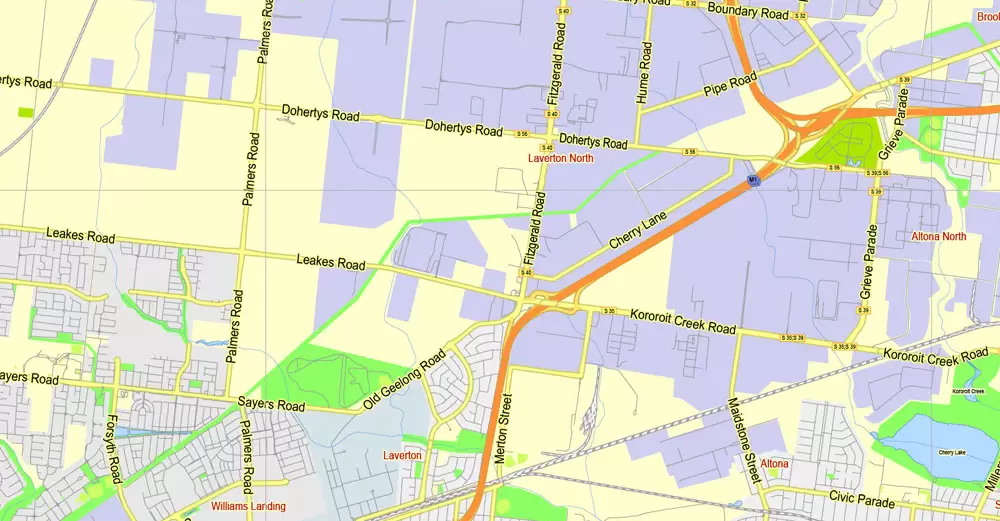 Printable Map Melbourne, Australia, exact vector street map, V27.11, fully editable, Adobe Illustrator, G-View Level 13 (2000 meters scale), full vector, scalable, editable, text format of street names, 7 Mb ZIP.