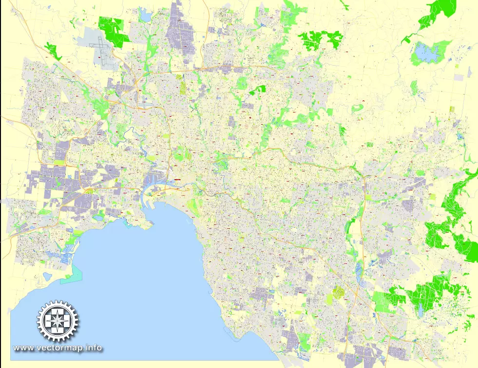 Printable Map Melbourne, Australia, exact vector street map, V27.11, fully editable, Adobe Illustrator, G-View Level 17 (100 meters scale), full vector, scalable, editable, text format of street names, 25 Mb ZIP.
