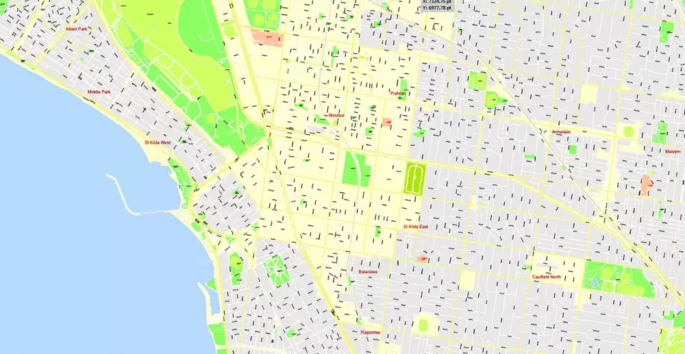 Printable Map Melbourne, Australia, exact vector street map, V27.11, fully editable, Adobe Illustrator, G-View Level 17 (100 meters scale), full vector, scalable, editable, text format of street names, 25 Mb ZIP.