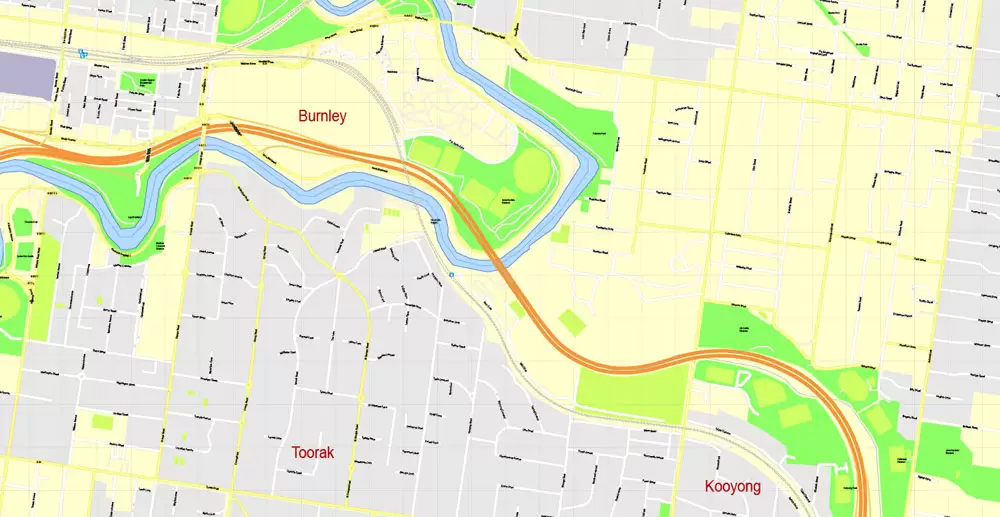 Printable Map Melbourne, Australia, exact vector street map, V27.11, fully editable, Adobe Illustrator, G-View Level 17 (100 meters scale), full vector, scalable, editable, text format of street names, 25 Mb ZIP.