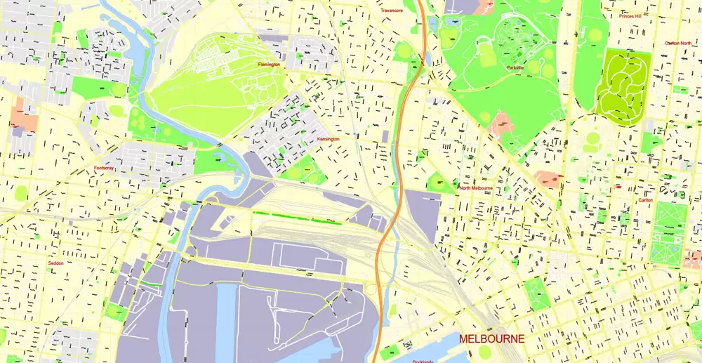 Printable Map Melbourne, Australia, exact vector street map, V27.11, fully editable, Adobe Illustrator, G-View Level 17 (100 meters scale), full vector, scalable, editable, text format of street names, 25 Mb ZIP.