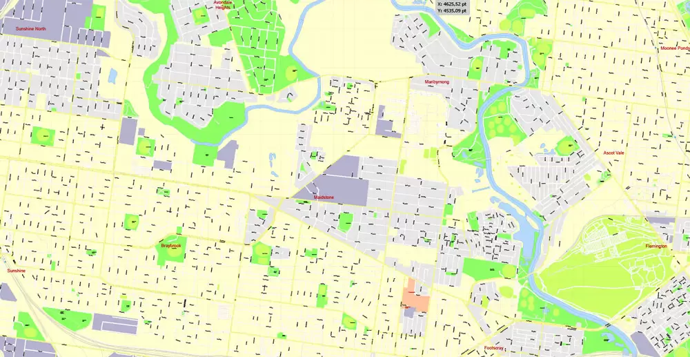 Printable Map Melbourne, Australia, exact vector street map, V27.11, fully editable, Adobe Illustrator, G-View Level 17 (100 meters scale), full vector, scalable, editable, text format of street names, 25 Mb ZIP.