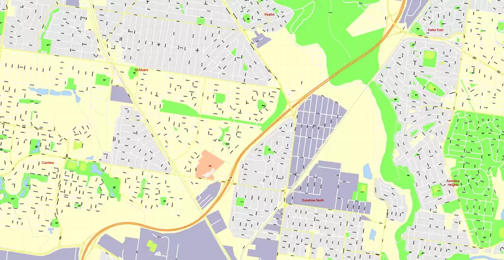Printable Map Melbourne, Australia, exact vector street map, V27.11, fully editable, Adobe Illustrator, G-View Level 17 (100 meters scale), full vector, scalable, editable, text format of street names, 25 Mb ZIP.