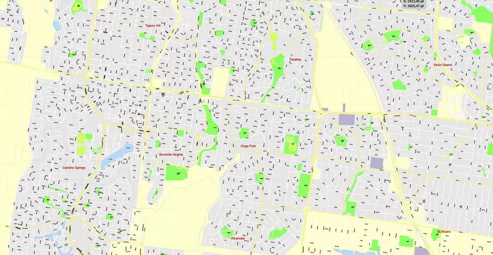 Printable Map Melbourne, Australia, exact vector street map, V27.11, fully editable, Adobe Illustrator, G-View Level 17 (100 meters scale), full vector, scalable, editable, text format of street names, 25 Mb ZIP.