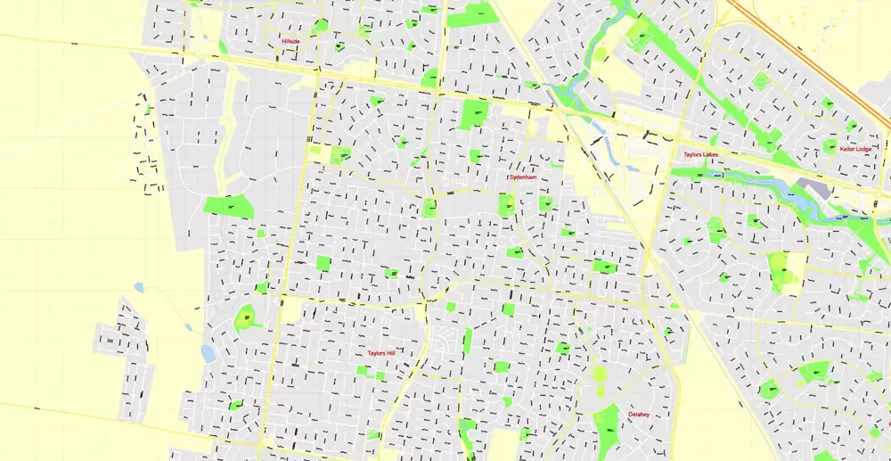 Printable Map Melbourne, Australia, exact vector street map, V27.11, fully editable, Adobe Illustrator, G-View Level 17 (100 meters scale), full vector, scalable, editable, text format of street names, 25 Mb ZIP.
