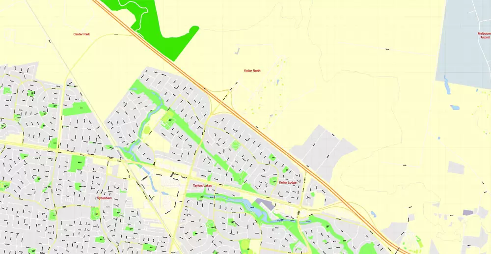 Printable Map Melbourne, Australia, exact vector street map, V27.11, fully editable, Adobe Illustrator, G-View Level 17 (100 meters scale), full vector, scalable, editable, text format of street names, 25 Mb ZIP.