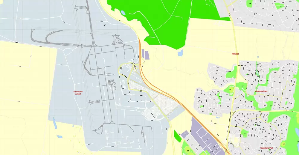 Printable Map Melbourne, Australia, exact vector street map, V27.11, fully editable, Adobe Illustrator, G-View Level 17 (100 meters scale), full vector, scalable, editable, text format of street names, 25 Mb ZIP.