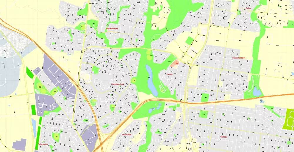 Printable Map Melbourne, Australia, exact vector street map, V27.11, fully editable, Adobe Illustrator, G-View Level 17 (100 meters scale), full vector, scalable, editable, text format of street names, 25 Mb ZIP.