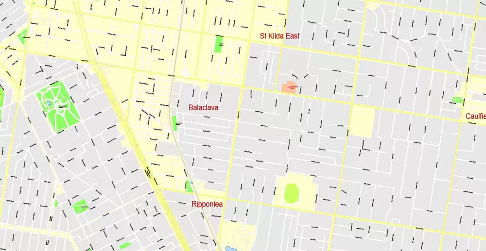 Printable Map Melbourne, Australia, exact vector street map, V27.11, fully editable, Adobe Illustrator, G-View Level 17 (100 meters scale), full vector, scalable, editable, text format of street names, 25 Mb ZIP.