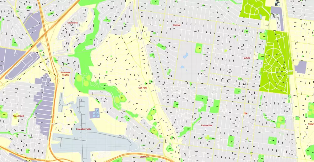 Printable Map Melbourne, Australia, exact vector street map, V27.11, fully editable, Adobe Illustrator, G-View Level 17 (100 meters scale), full vector, scalable, editable, text format of street names, 25 Mb ZIP.