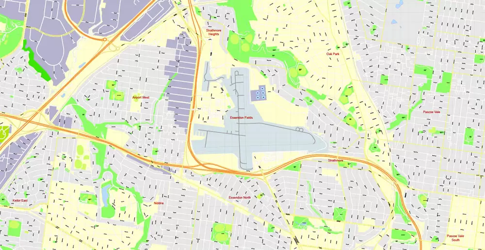 Printable Map Melbourne, Australia, exact vector street map, V27.11, fully editable, Adobe Illustrator, G-View Level 17 (100 meters scale), full vector, scalable, editable, text format of street names, 25 Mb ZIP.