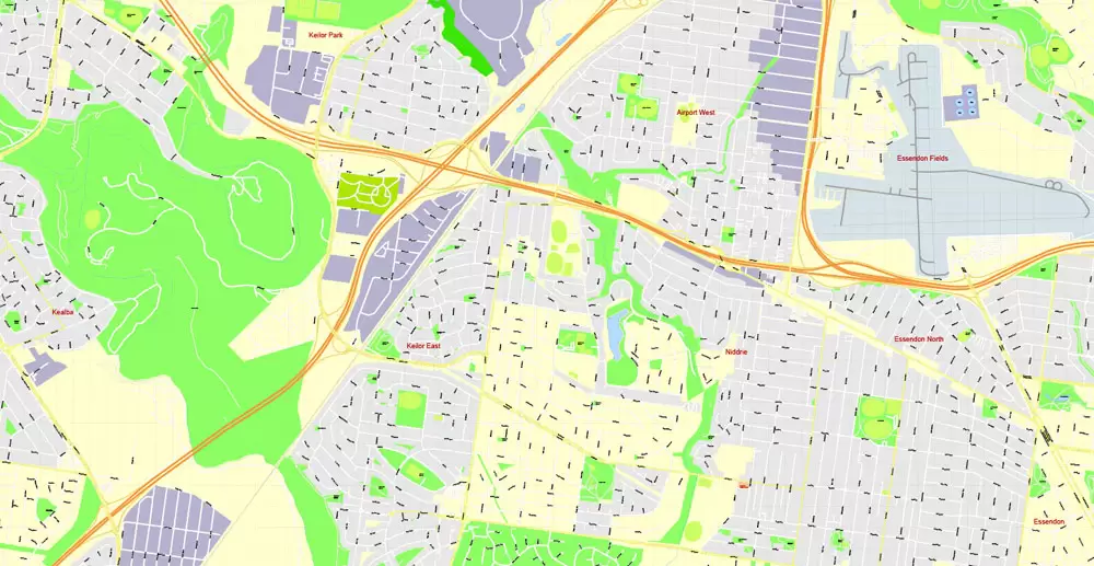 Printable Map Melbourne, Australia, exact vector street map, V27.11, fully editable, Adobe Illustrator, G-View Level 17 (100 meters scale), full vector, scalable, editable, text format of street names, 25 Mb ZIP.
