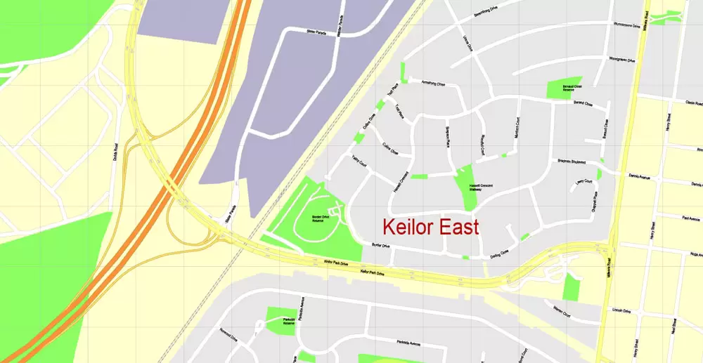 Printable Map Melbourne, Australia, exact vector street map, V27.11, fully editable, Adobe Illustrator, G-View Level 17 (100 meters scale), full vector, scalable, editable, text format of street names, 25 Mb ZIP.