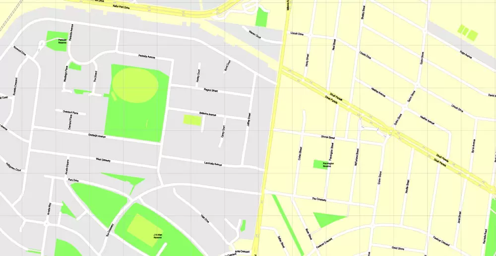 Printable Map Melbourne, Australia, exact vector street map, V27.11, fully editable, Adobe Illustrator, G-View Level 17 (100 meters scale), full vector, scalable, editable, text format of street names, 25 Mb ZIP.
