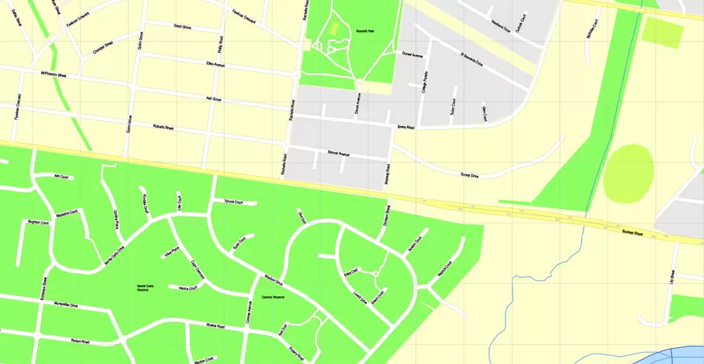 Printable Map Melbourne, Australia, exact vector street map, V27.11, fully editable, Adobe Illustrator, G-View Level 17 (100 meters scale), full vector, scalable, editable, text format of street names, 25 Mb ZIP.
