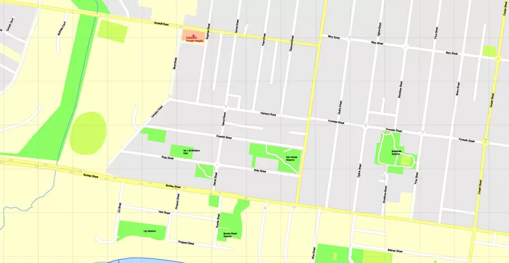 Printable Map Melbourne, Australia, exact vector street map, V27.11, fully editable, Adobe Illustrator, G-View Level 17 (100 meters scale), full vector, scalable, editable, text format of street names, 25 Mb ZIP.