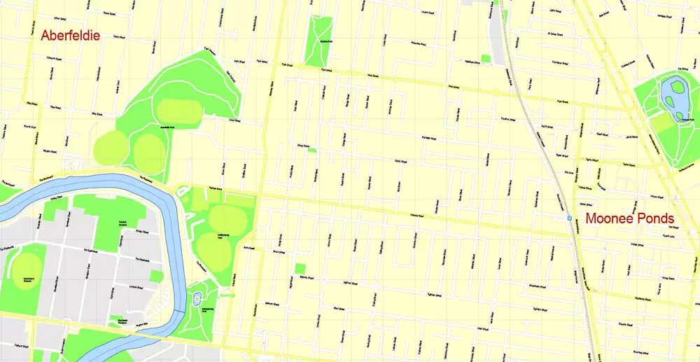Printable Map Melbourne, Australia, exact vector street map, V27.11, fully editable, Adobe Illustrator, G-View Level 17 (100 meters scale), full vector, scalable, editable, text format of street names, 25 Mb ZIP.