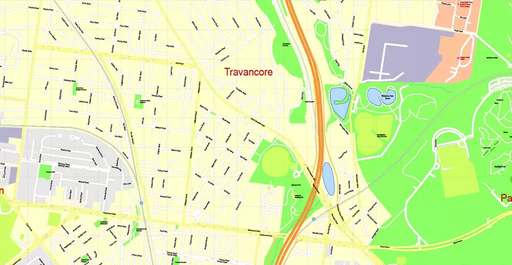 Printable Map Melbourne, Australia, exact vector street map, V27.11, fully editable, Adobe Illustrator, G-View Level 17 (100 meters scale), full vector, scalable, editable, text format of street names, 25 Mb ZIP.