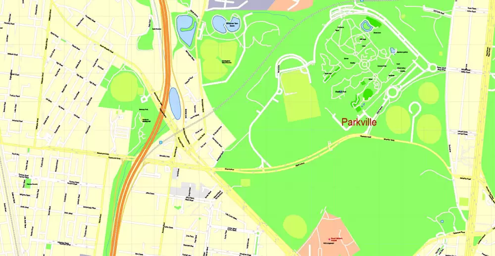 Printable Map Melbourne, Australia, exact vector street map, V27.11, fully editable, Adobe Illustrator, G-View Level 17 (100 meters scale), full vector, scalable, editable, text format of street names, 25 Mb ZIP.