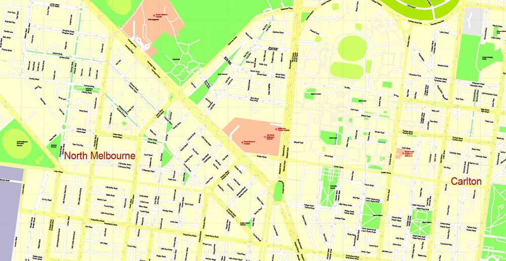 Printable Map Melbourne, Australia, exact vector street map, V27.11, fully editable, Adobe Illustrator, G-View Level 17 (100 meters scale), full vector, scalable, editable, text format of street names, 25 Mb ZIP.