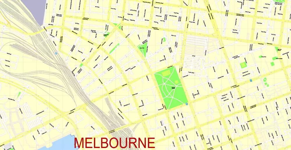 Printable Map Melbourne, Australia, exact vector street map, V27.11, fully editable, Adobe Illustrator, G-View Level 17 (100 meters scale), full vector, scalable, editable, text format of street names, 25 Mb ZIP.