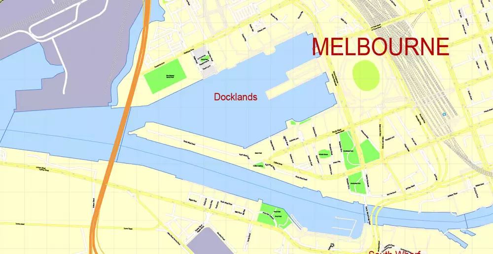 Printable Map Melbourne, Australia, exact vector street map, V27.11, fully editable, Adobe Illustrator, G-View Level 17 (100 meters scale), full vector, scalable, editable, text format of street names, 25 Mb ZIP.