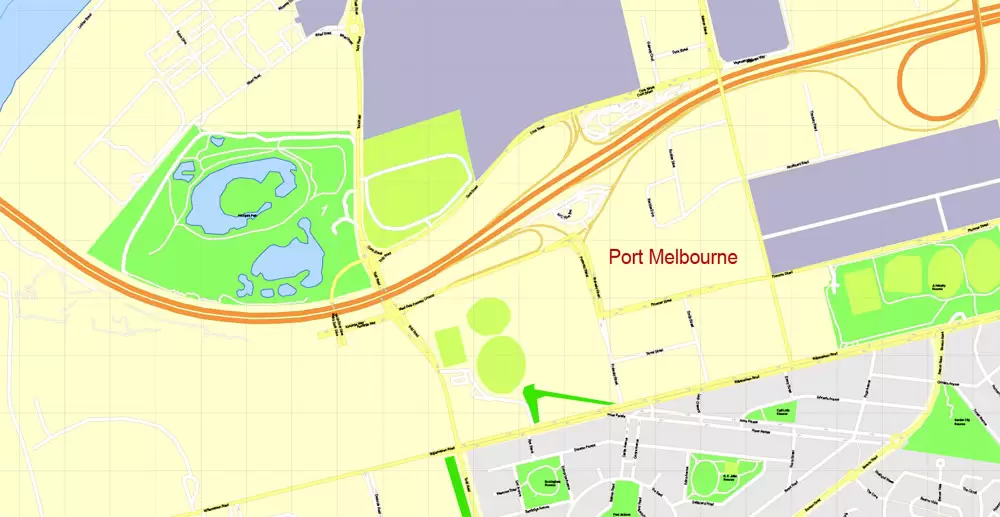 Printable Map Melbourne, Australia, exact vector street map, V27.11, fully editable, Adobe Illustrator, G-View Level 17 (100 meters scale), full vector, scalable, editable, text format of street names, 25 Mb ZIP.