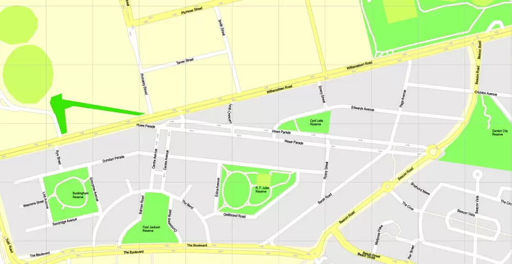 Printable Map Melbourne, Australia, exact vector street map, V27.11, fully editable, Adobe Illustrator, G-View Level 17 (100 meters scale), full vector, scalable, editable, text format of street names, 25 Mb ZIP.