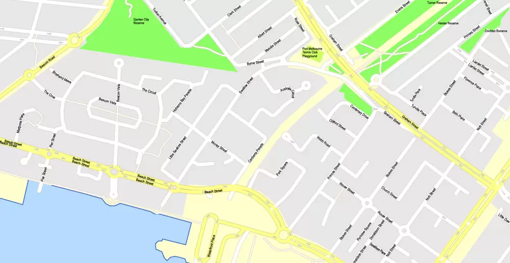 Printable Map Melbourne, Australia, exact vector street map, V27.11, fully editable, Adobe Illustrator, G-View Level 17 (100 meters scale), full vector, scalable, editable, text format of street names, 25 Mb ZIP.