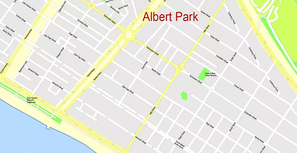 Printable Map Melbourne, Australia, exact vector street map, V27.11, fully editable, Adobe Illustrator, G-View Level 17 (100 meters scale), full vector, scalable, editable, text format of street names, 25 Mb ZIP.