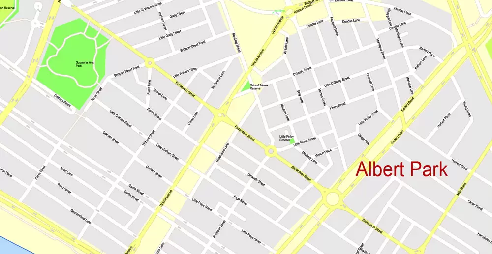 Printable Map Melbourne, Australia, exact vector street map, V27.11, fully editable, Adobe Illustrator, G-View Level 17 (100 meters scale), full vector, scalable, editable, text format of street names, 25 Mb ZIP.