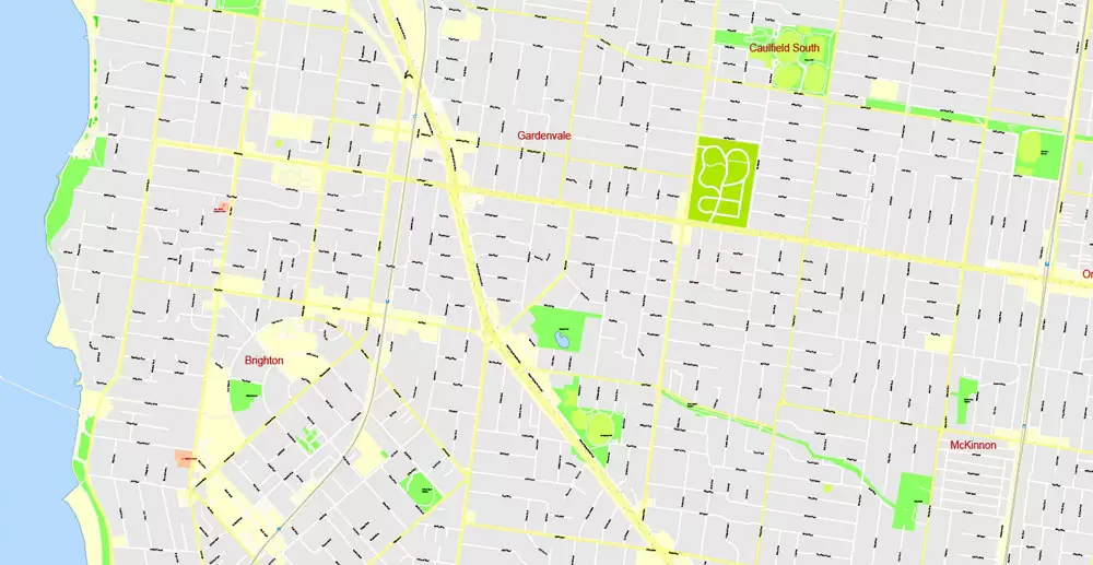 Printable Map Melbourne, Australia, exact vector street map, V27.11, fully editable, Adobe Illustrator, G-View Level 17 (100 meters scale), full vector, scalable, editable, text format of street names, 25 Mb ZIP.