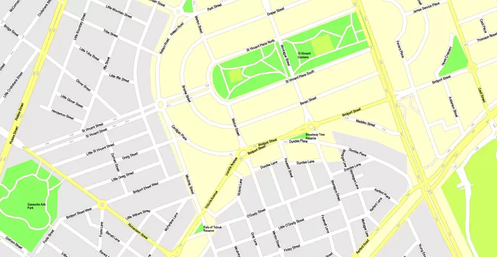 Printable Map Melbourne, Australia, exact vector street map, V27.11, fully editable, Adobe Illustrator, G-View Level 17 (100 meters scale), full vector, scalable, editable, text format of street names, 25 Mb ZIP.