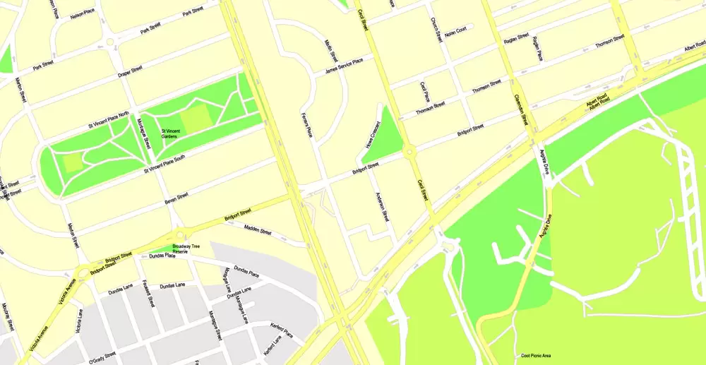 Printable Map Melbourne, Australia, exact vector street map, V27.11, fully editable, Adobe Illustrator, G-View Level 17 (100 meters scale), full vector, scalable, editable, text format of street names, 25 Mb ZIP.